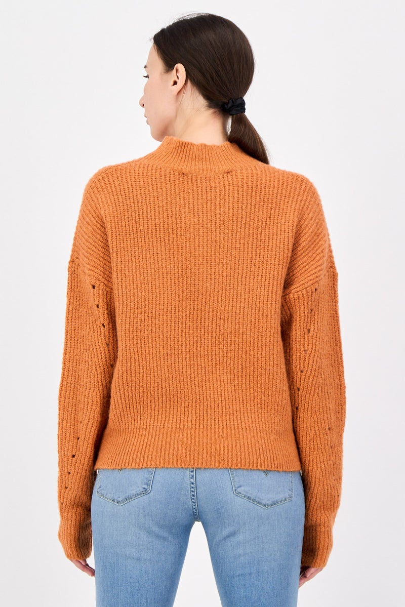 French Connection Women Mock Neck Knitted Long Sleeve Sweater, Rust - Image 3